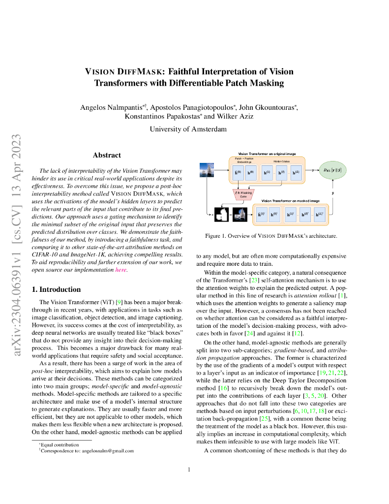 VISION DIFFMASK：可微分 patch 掩模的视觉 transformer 忠实解释（英文版）