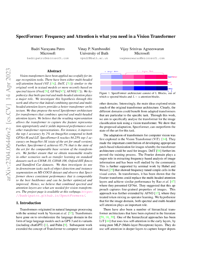 SpectFormer：视觉 Transformer 中所需的频率和注意力（英文版）