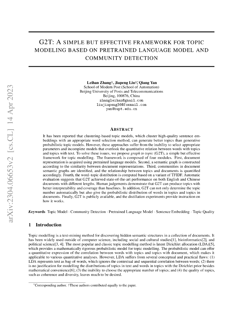 G2T：基于预训练语言模型和社区检测的主题建模简单通用框架（英文版）
