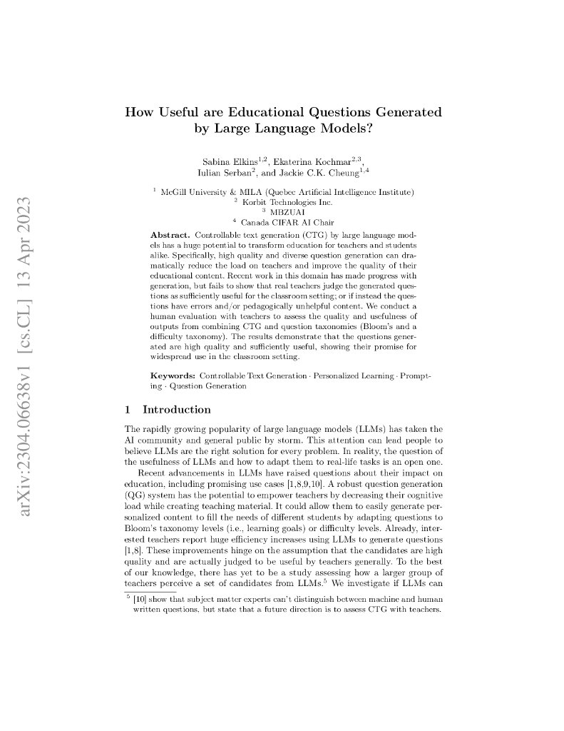 大型语言模型生成的教育问题有多有用？（英文版）
