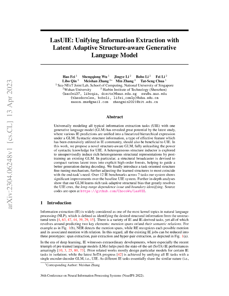 LasUIE：使用潜在的自适应结构感知生成语言模型统一信息抽取（英文版）