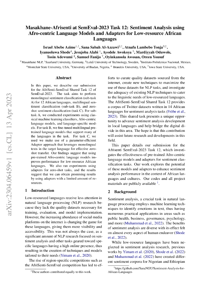 Masakhane-Afrisenti 在 SemEval-2023 任务 12 中：使用面向非洲中心的语言模型和适配器进行低资源非洲语言情感分析（英文版）