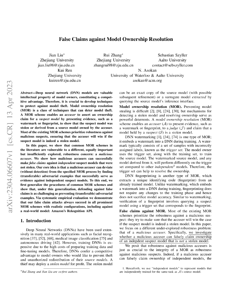 关于模型所有权的虚假指控解决（英文版）