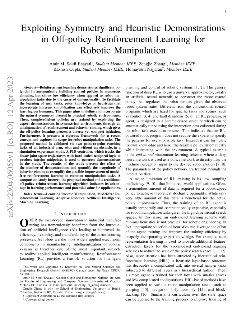 利用对称性和启发式演示的离线策略强化学习在机器人操纵中的应用（英文版）