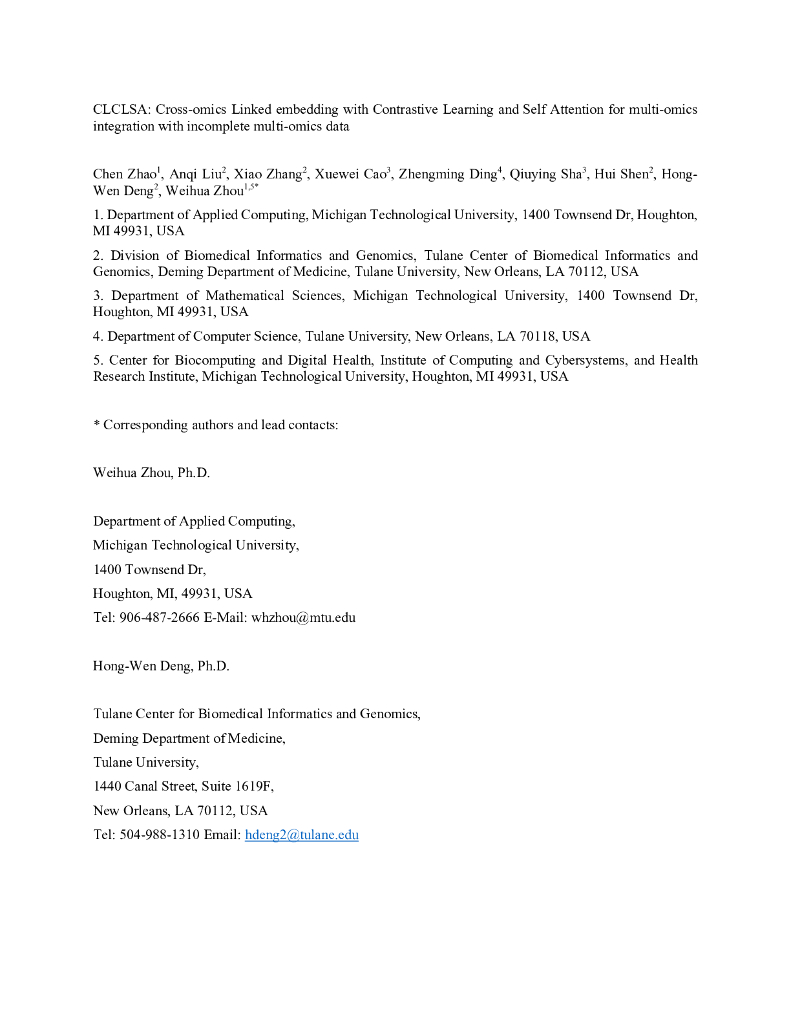 CLCLSA:交叉组学链接嵌入，基于对比学习和自注意力的多组学一体化方法，可处理不完整的多组学数据（英文版）