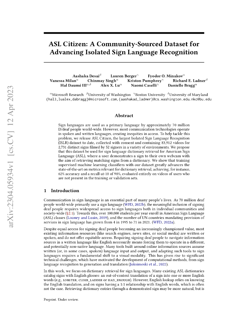 ASL Citizen:一个社区资源数据集，推进独立手势识别（英文版）