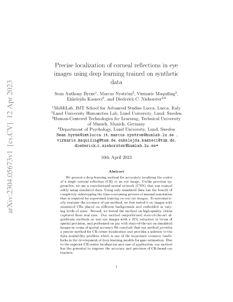 使用在合成数据上训练的深度学习精确定位眼部图像中角膜反射（英文版）