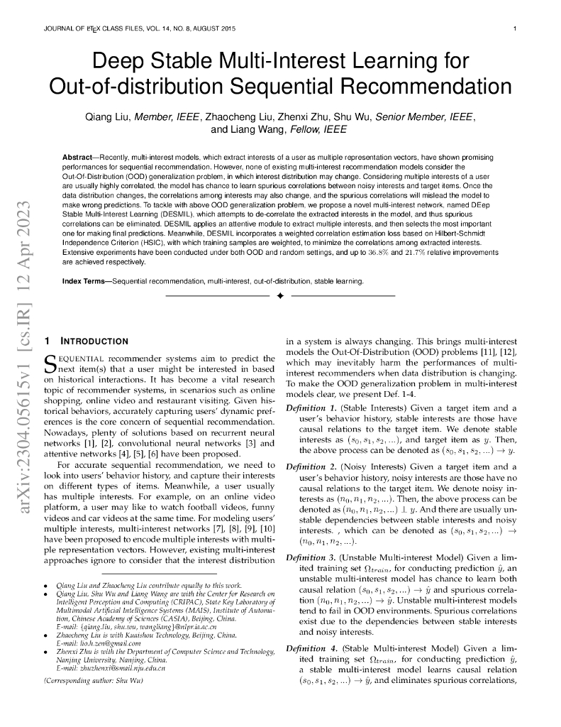 深度稳定多兴趣学习用于序列推荐中的分布外情况（英文版）