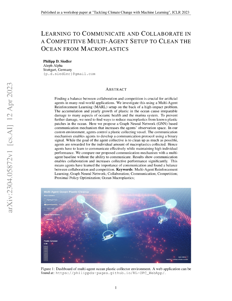 在竞争性多智能体环境中学习沟通与协作，以清理大型塑料垃圾污染海洋（英文版）