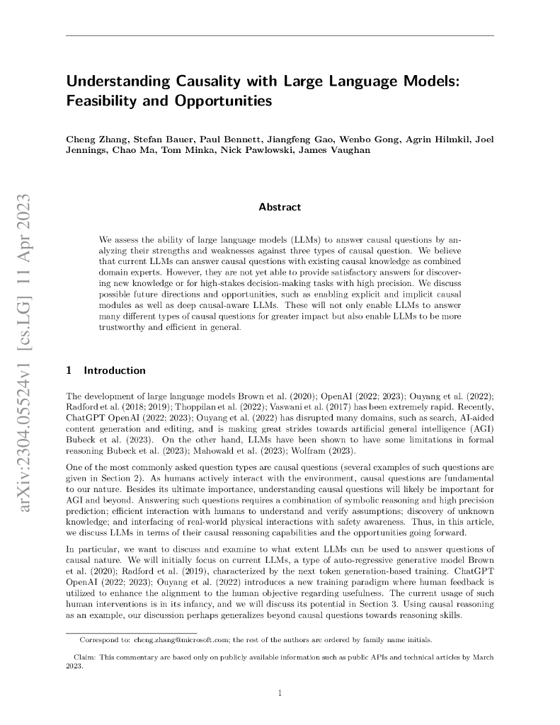利用大型语言模型理解因果关系：可行性和机遇（英文版）