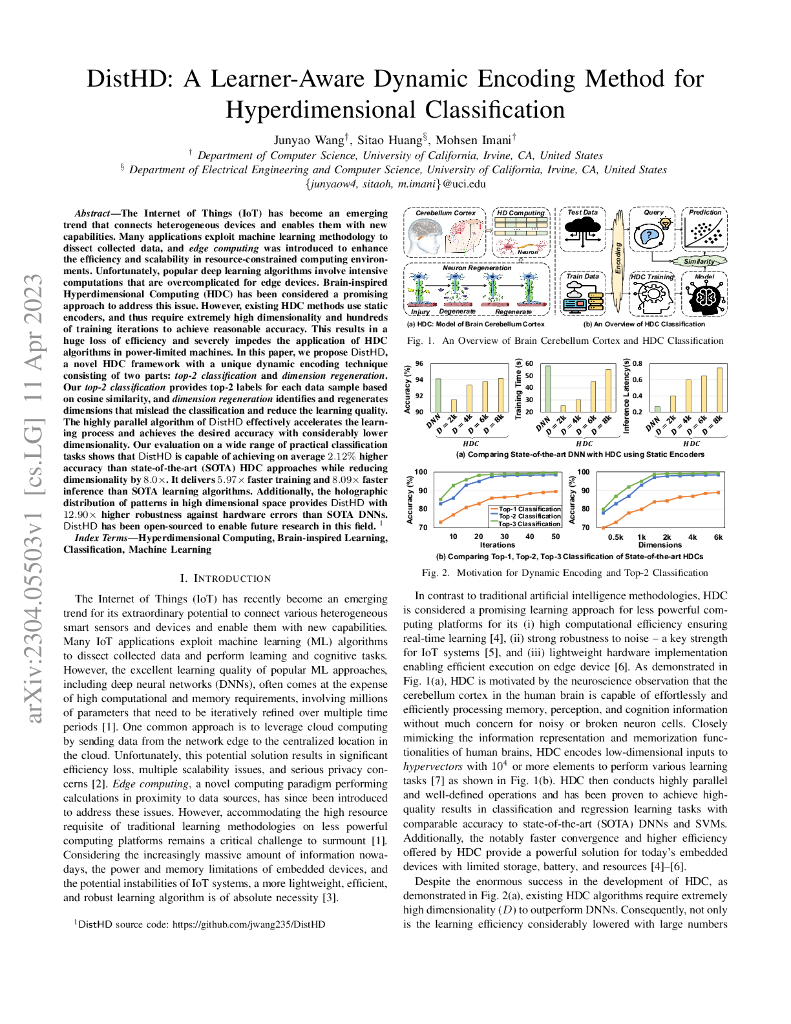 DistHD：一种面向超维度分类的学习者感知动态编码方法（英文版）