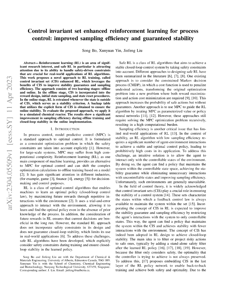 基于控制不变集增强型强化学习的过程控制：提高采样效率和保证稳定性（英文版）
