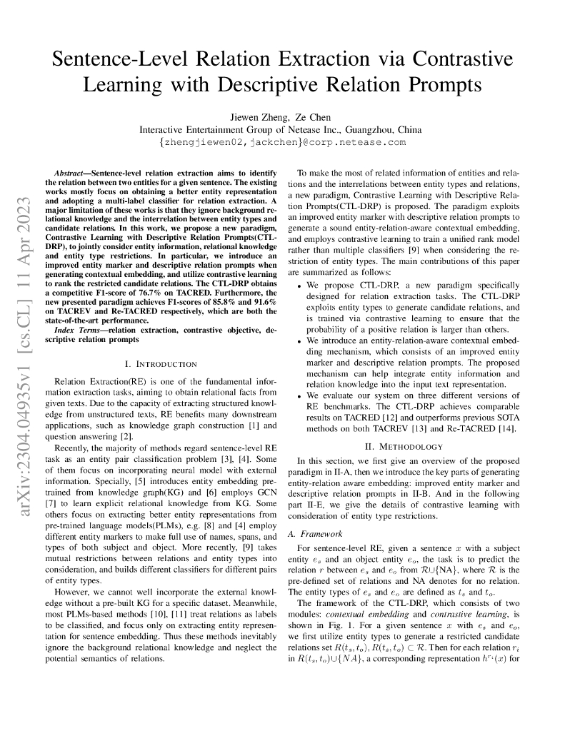通过描述性关系提示和对比学习进行句子级别关系提取（英文版）