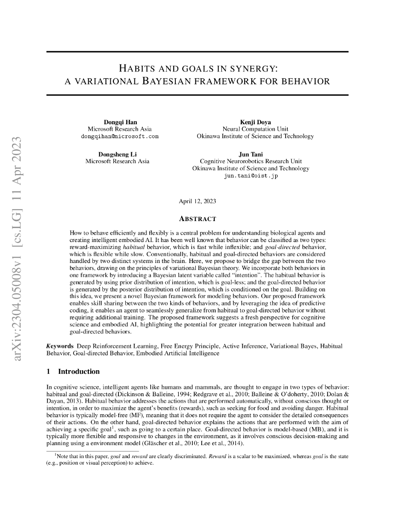 习惯和目标的协同作用：行为的变分贝叶斯框架（英文版）