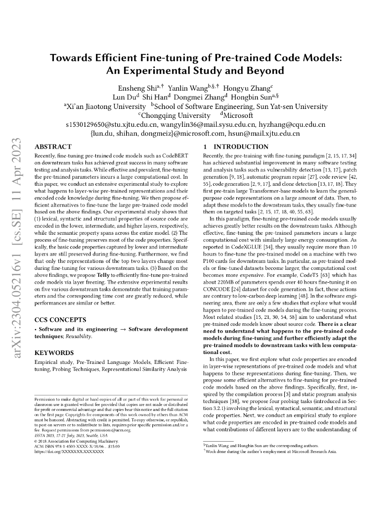 面向预训练代码模型的高效微调：实验研究及其发展方向（英文版）
