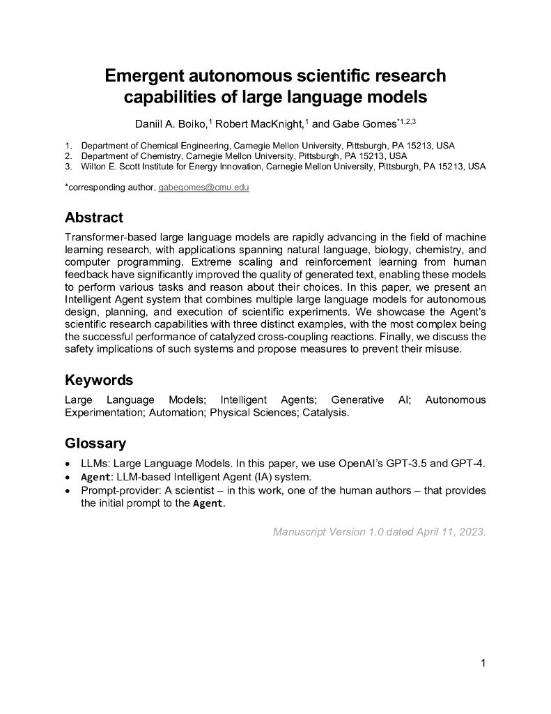 大型语言模型的紧急自主科研能力（英文版）