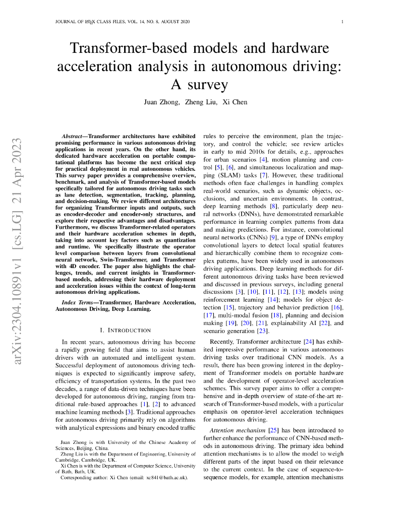 自动驾驶中基于 Transformer 模型和硬件加速的分析：综述（英文版）