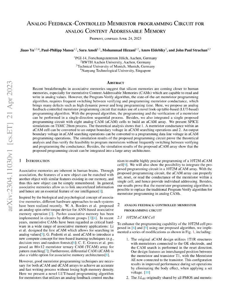 用于模拟可寻址存储器的模拟反馈控制忆阻器编程电路（英文版）