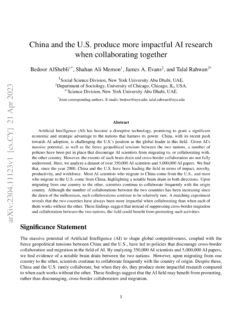 中美合作可产生更具影响力的人工智能研究（英文版）
