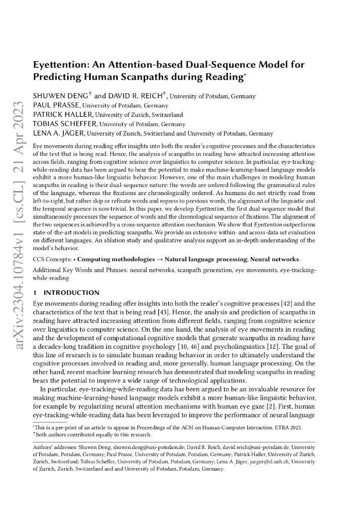 Eyettention:一种基于注意力的双序列模型，用于预测阅读过程中人类扫视路径（英文版）