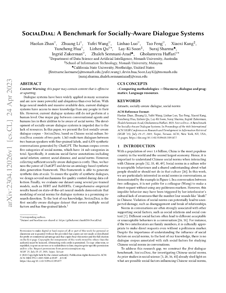 SocialDial:一个用于社交感知对话系统的基准测试（英文版）