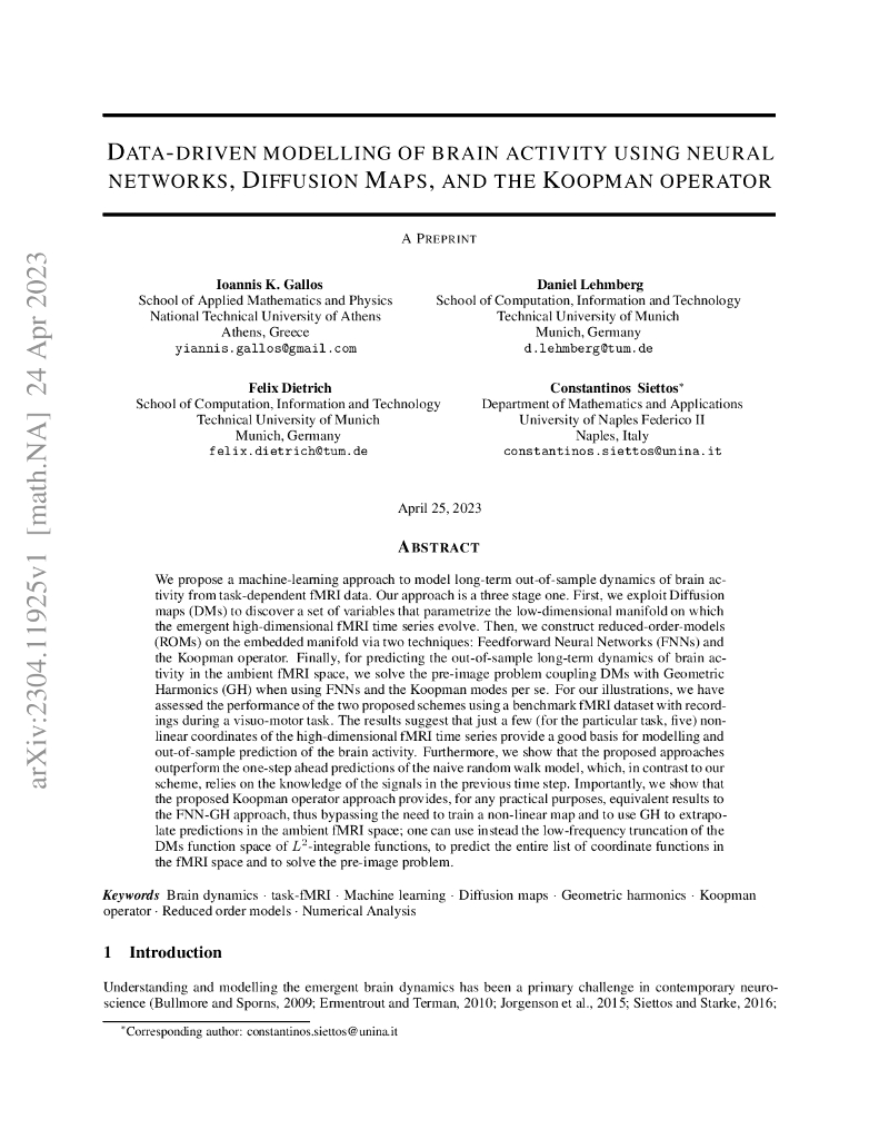 神经网络、扩散映射和 Koopman 算符驱动的脑活动数据建模（英文版）