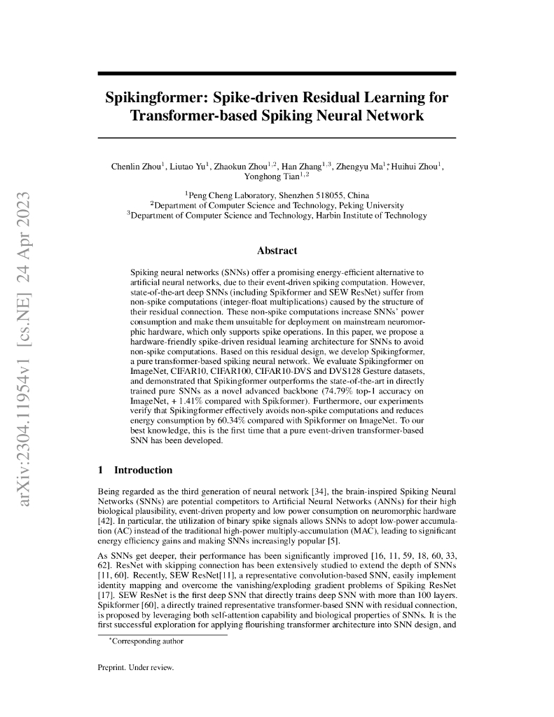Spikingformer：基于脉冲的剩余学习用于基于 Transformer 的脉冲神经网络（英文版）