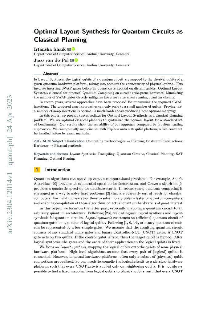 量子电路的最优布局综合作为经典规划（英文版）