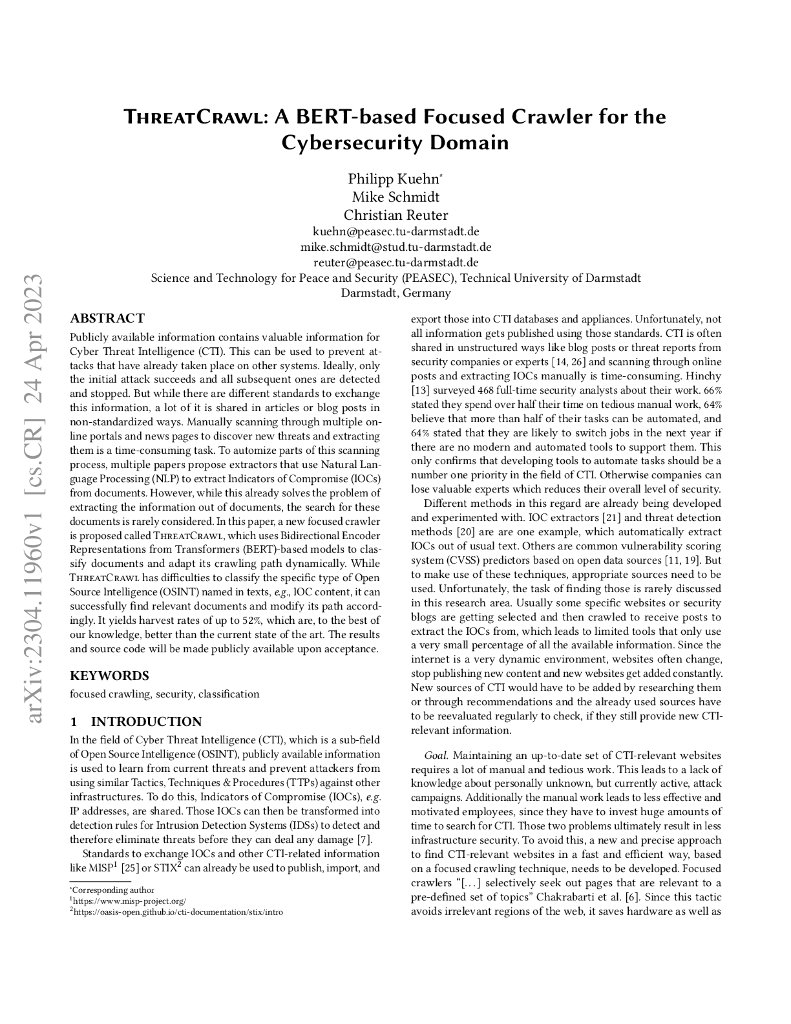 ThreatCrawl：基于 BERT 的网络安全领域聚焦爬虫（英文版）