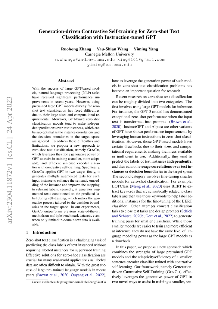 面向零样本文本分类的生成驱动对比自训练及指导调优 GPT（英文版）