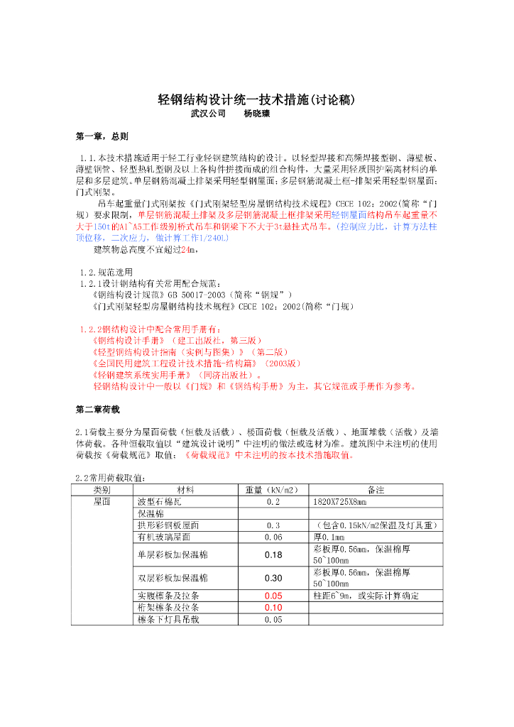 轻钢结构设计统一技术措施（讨论稿）