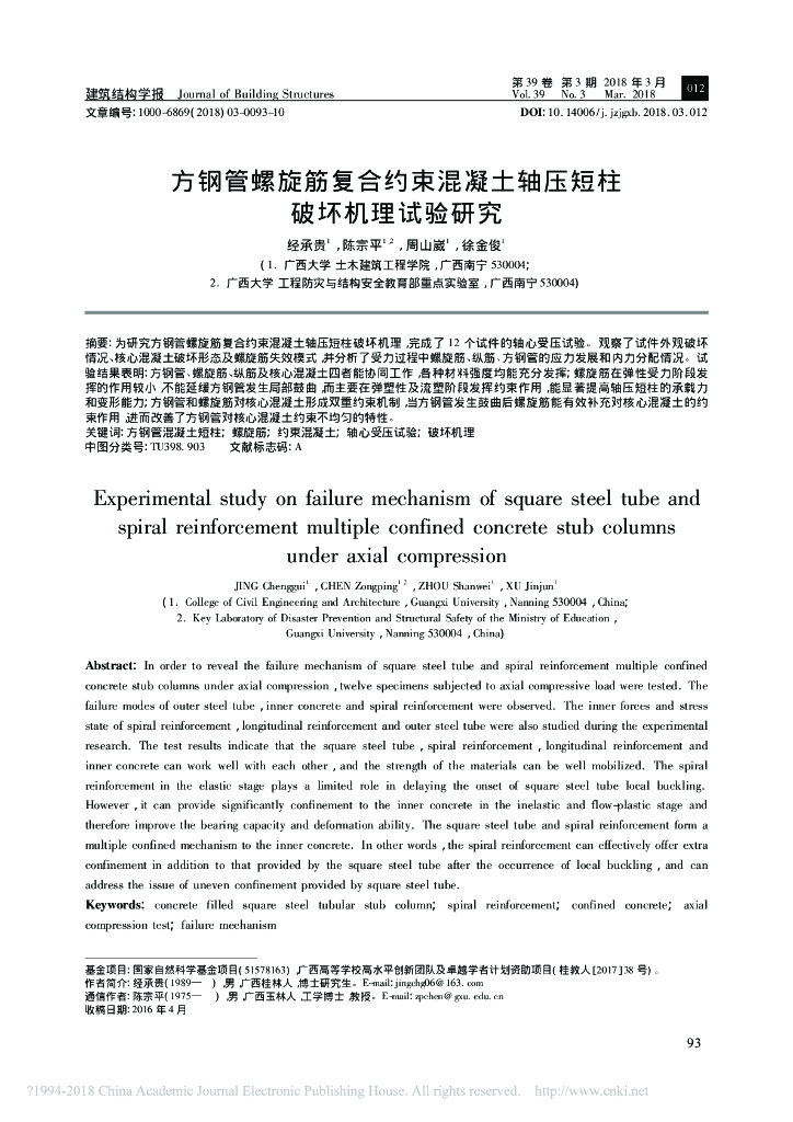 方钢管螺旋筋复合约束轴压短柱破坏机理