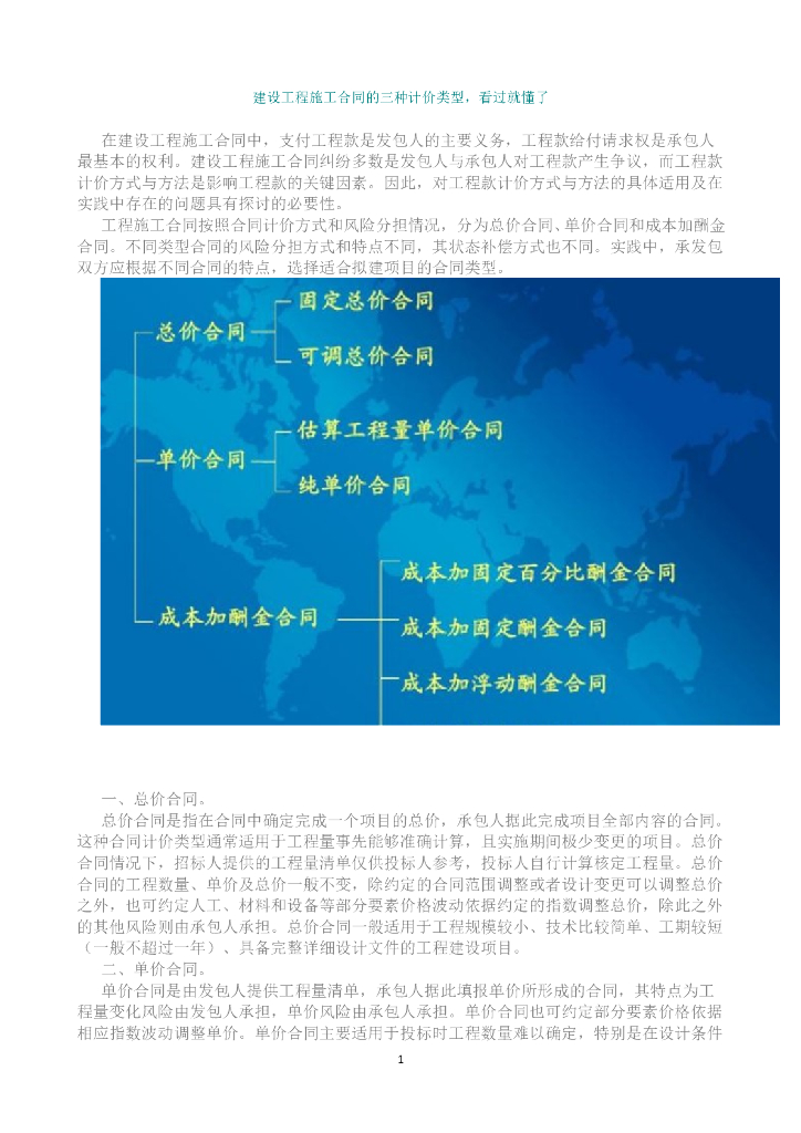 建设工程施工合同的三种计价类型