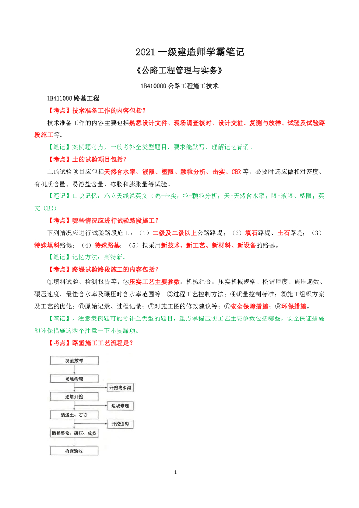 2021年一建《公路》精品笔记（PDF+78P）