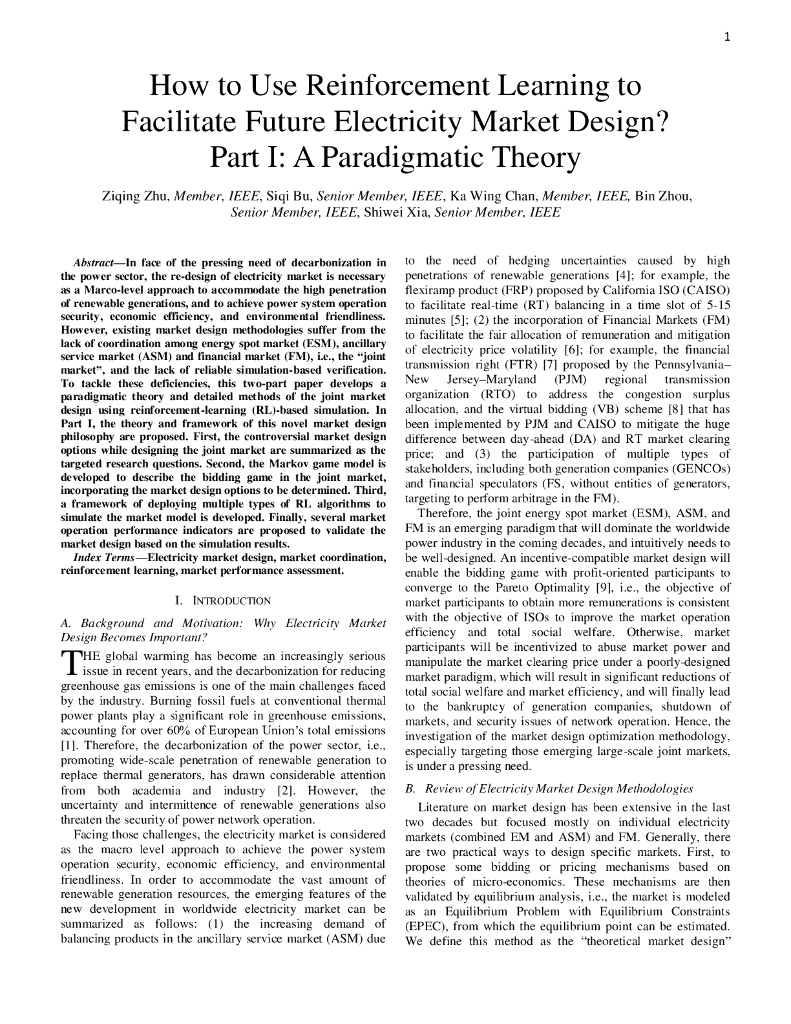 如何利用强化学习促进未来电力市场设计？第一部分：范式理论（英文版）