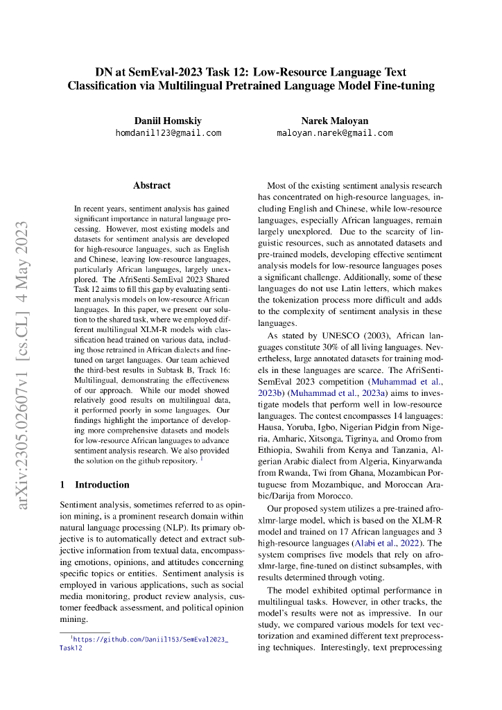 SemEval-2023 任务 12：通过多语言预训练语言模型微调实现低资源语言文本分类（英文版）