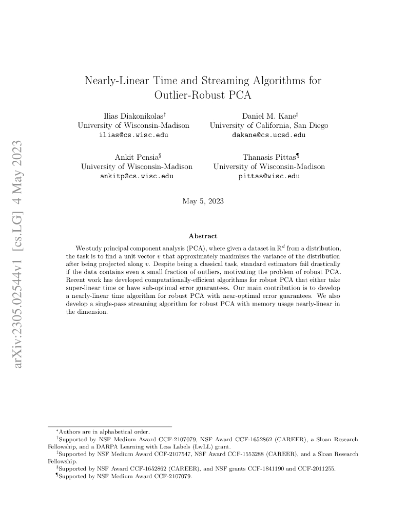 异常值鲁棒主成分分析的近线性时间和流式算法（英文版）