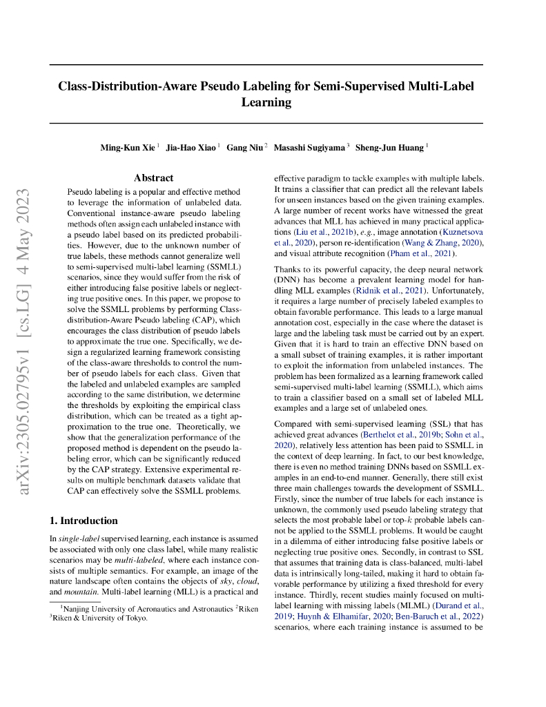 面向半监督多标签学习的类别分布感知伪标记（英文版）