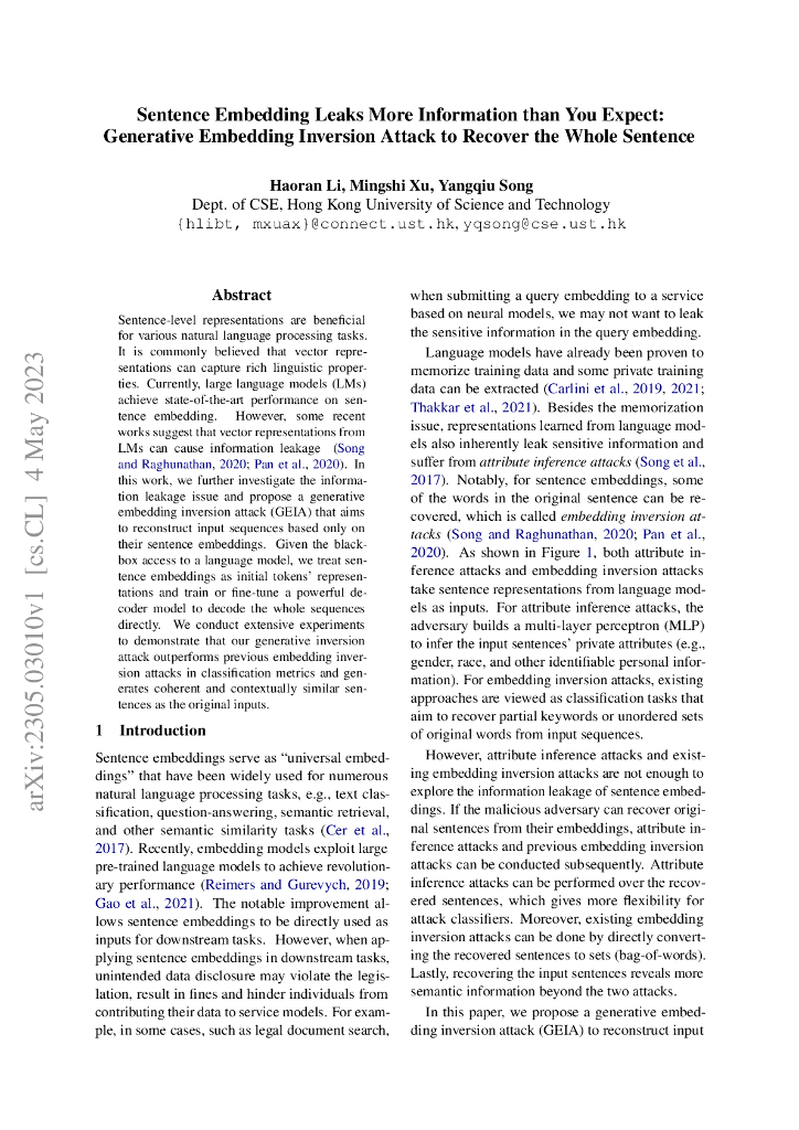 生成式嵌入反演攻击揭示句向量的信息泄露（英文版）