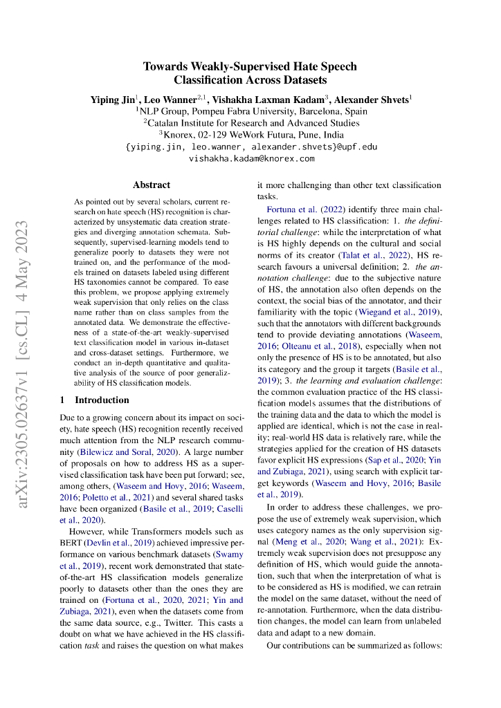 跨数据集弱监督仇恨言论分类（英文版）