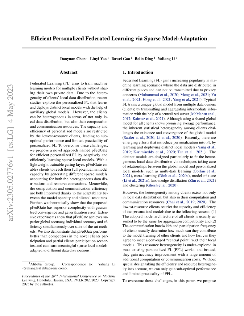 基于稀疏模型自适应的高效个性化联邦学习（英文版）