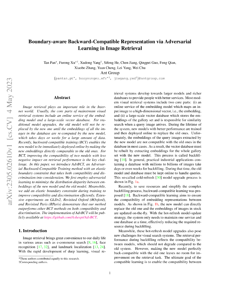 图像检索中通过对抗学习的边界感知的向后兼容表示（英文版）