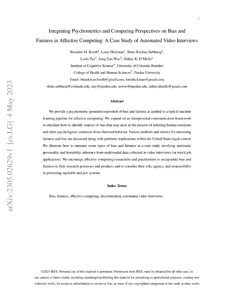 情感计算中偏见和公平性的心理测量与计算视角整合：自动视频面试的案例研究（英文版）