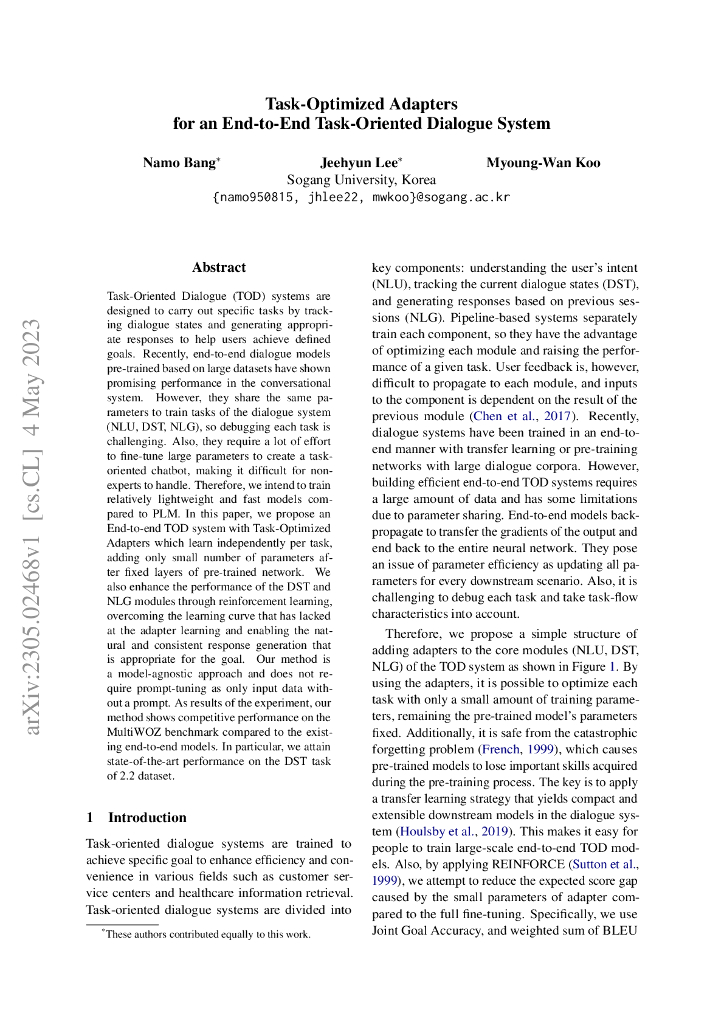 面向任务的端到端对话系统的任务优化适配器（英文版）