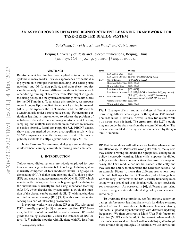面向任务导向对话系统的异步更新强化学习框架（英文版）