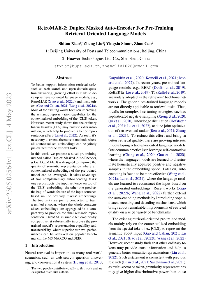 RetroMAE-2:双工遮蔽自编码器用于预训练面向检索的语言模型（英文版）