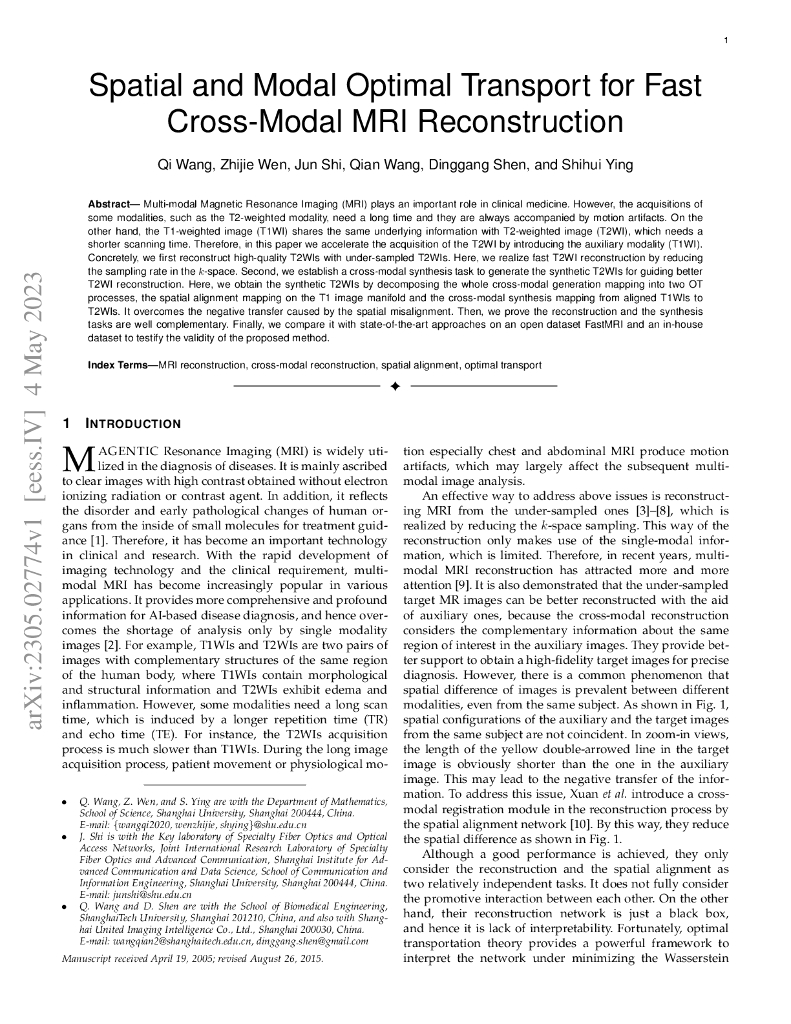 快速跨模态 MRI 重建的空间与模态最优传输（英文版）