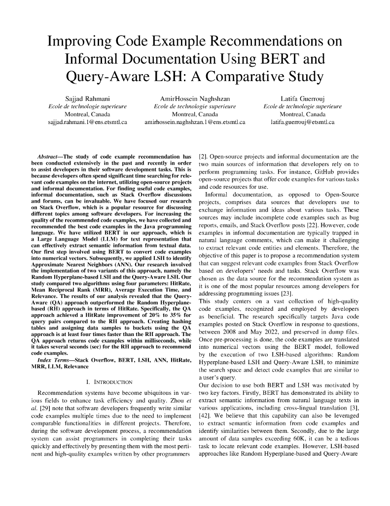 使用 BERT 和查询感知 LSH 改进非正式文档中的代码示例推荐：一项比较研究（英文版）