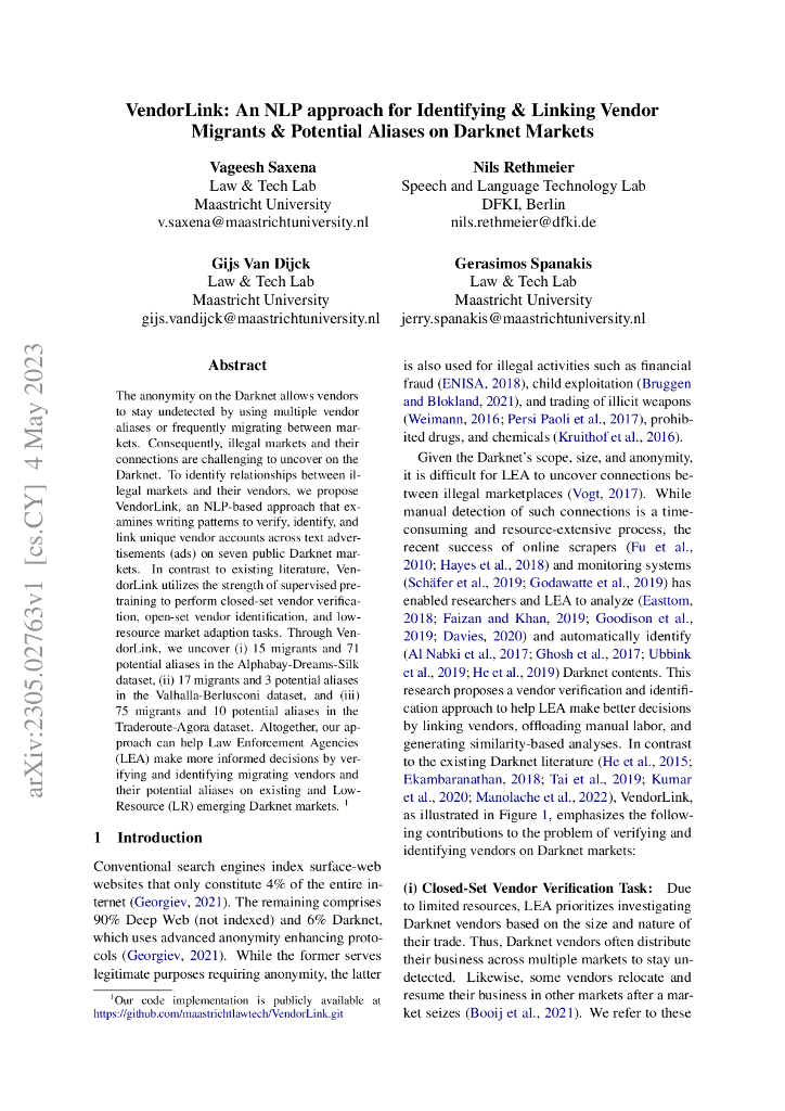 VendorLink:一种用于在暗网市场上识别和关联供应商移民及潜在别名的自然语言处理方法（英文版）