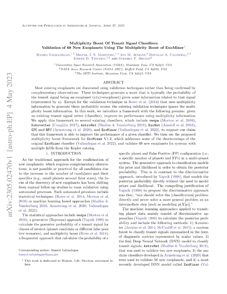 行星凌日信号分类器的多重性增强：使用 ExoMiner 的多重性增强验证 69 个新系外行星（英文版）